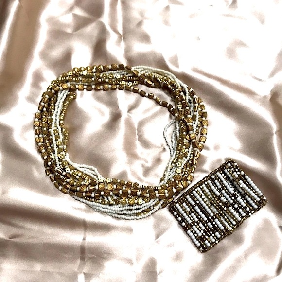 Stunning White & Gold Beaded Multi-Strand Twist Necklace & Bracelet Set Unique - Picture 6 of 16